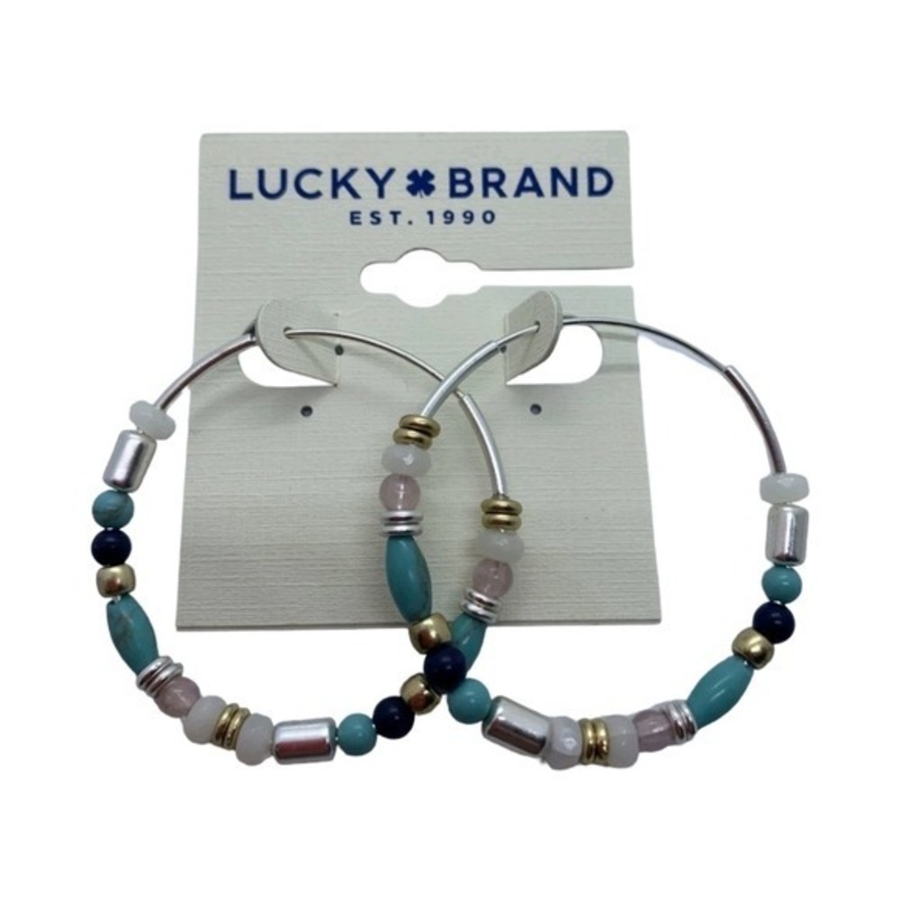 Lucky Brand Beaded Hoop Earrings Silver Tone Turquoise Pink Blue Mixed Stone